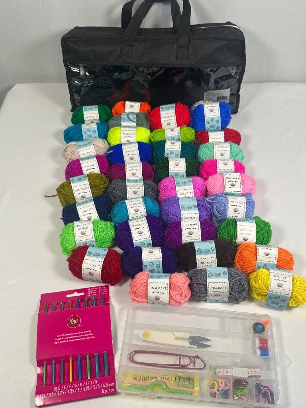 Inscraft Crochet Yarn Kit 38 Multicolored Mini Skeins Boye Crochet Hooks Box